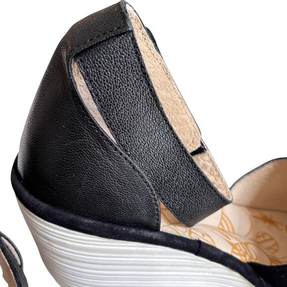 FLY London Yake Perforated Leather Wedge Sandals Black‎ Nubuck Sz 40 White Sole - Picture 12 of 16